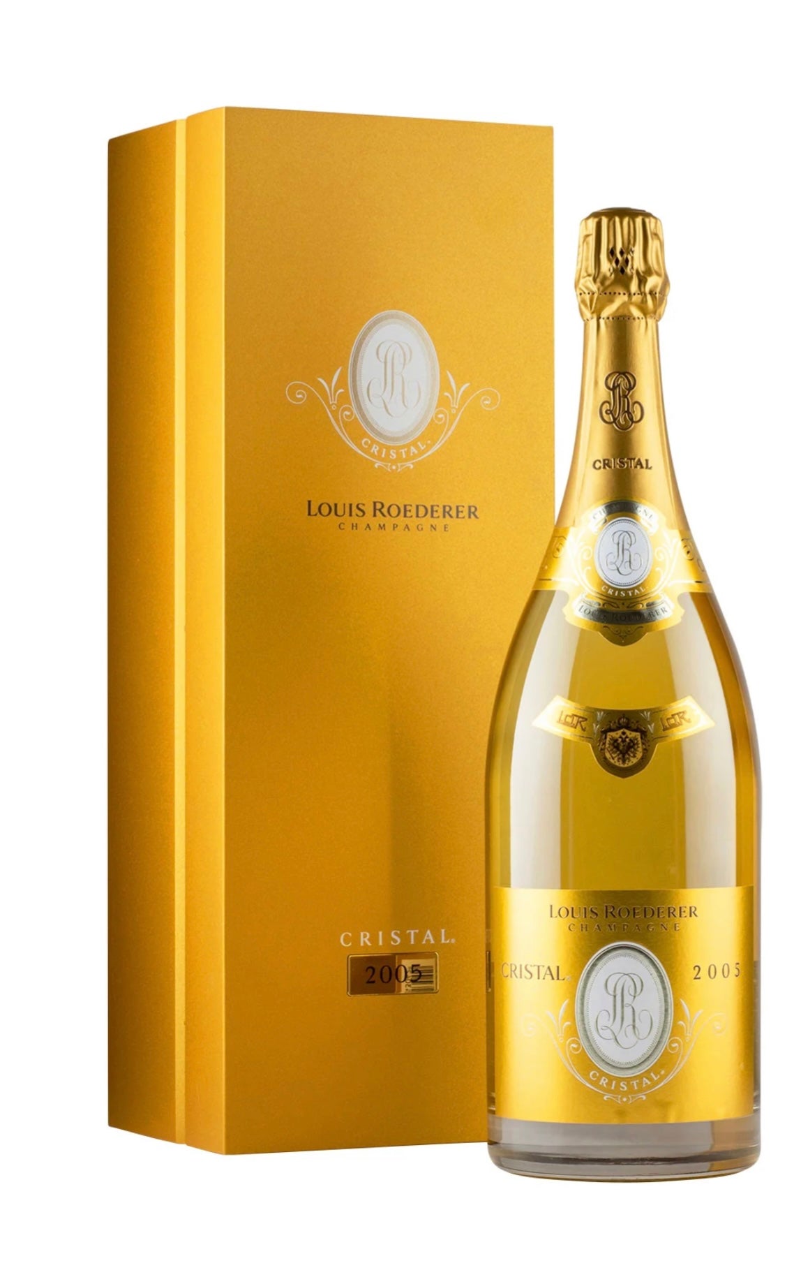 Louis Roederer Cristal Brut 2005 Champagne magnum 1.5L beside its gold Louis Roederer presentation box marked 2005, the bottle in its signature gold wrap