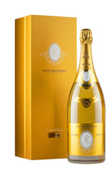Louis Roederer Cristal Brut 2005 Champagne magnum 1.5L beside its gold Louis Roederer presentation box marked 2005, the bottle in its signature gold wrap