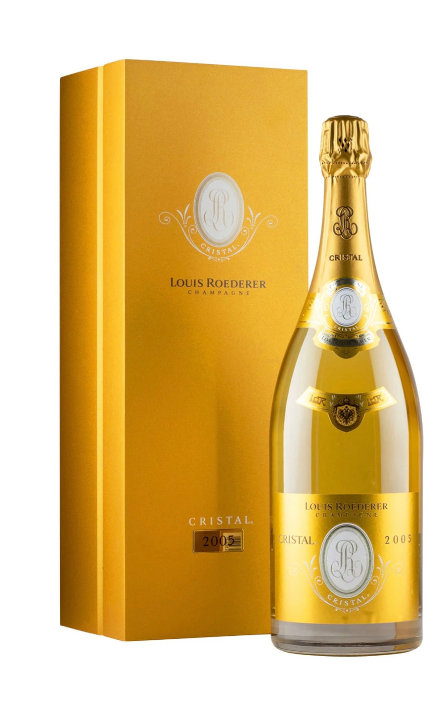Louis Roederer Cristal Brut 2005 Champagne magnum 1.5L beside its gold Louis Roederer presentation box marked 2005, the bottle in its signature gold wrap