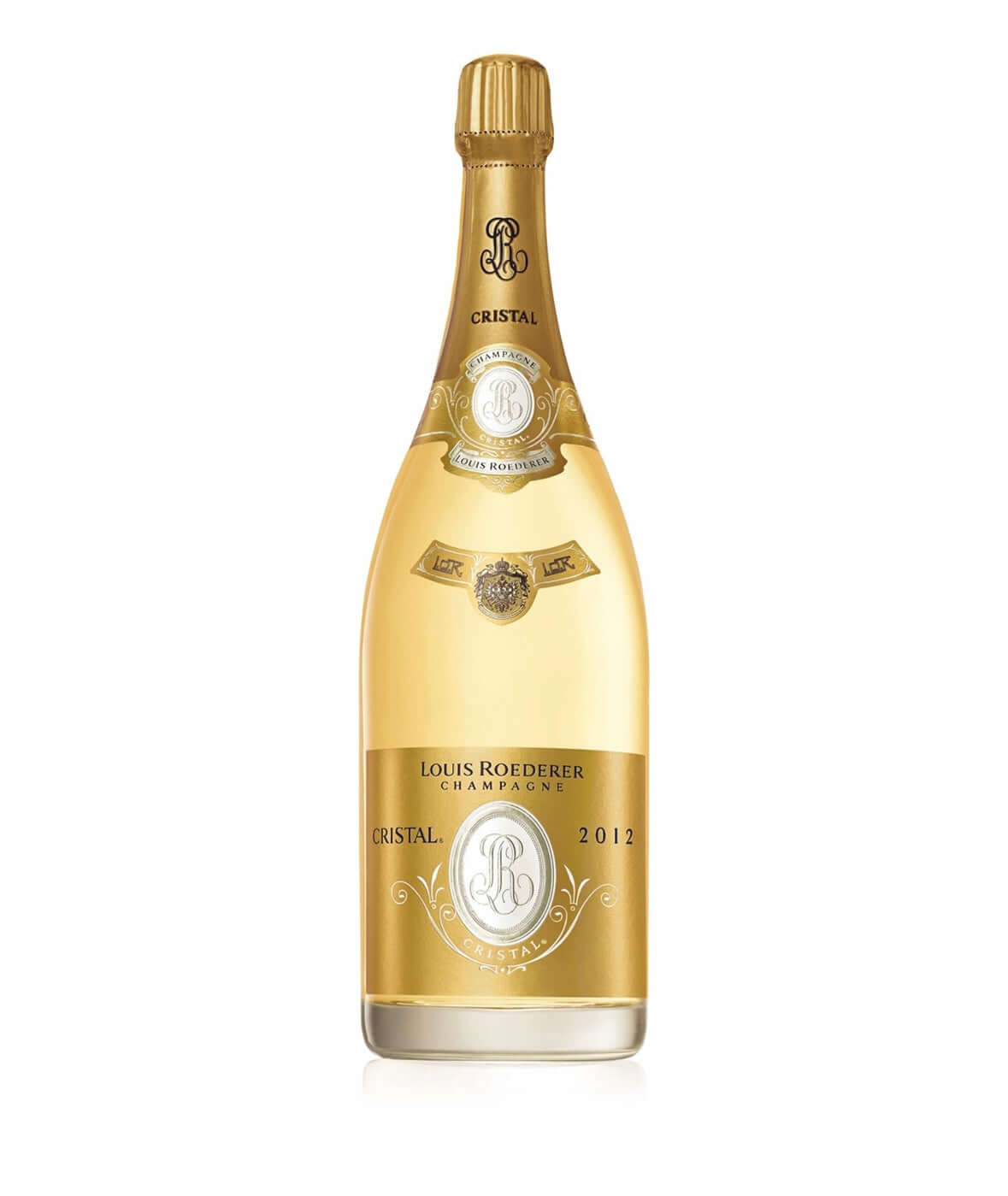 Louis Roederer Cristal Brut 2012 Champagne magnum 1.5L, the clear bottle wrapped in its signature gold cellophane with the Cristal cartouche and 2012 vintage on the label