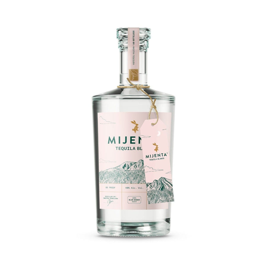 Bottle of Mijenta Blanco Tequila 70cl – clear tequila in a minimalist, eco-conscious bottle with a white and beige label.