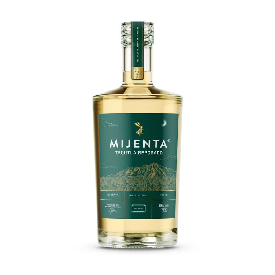 Bottle of Mijenta Reposado Tequila 70cl – light golden tequila in a sustainable bottle with a warm beige label and natural cork.