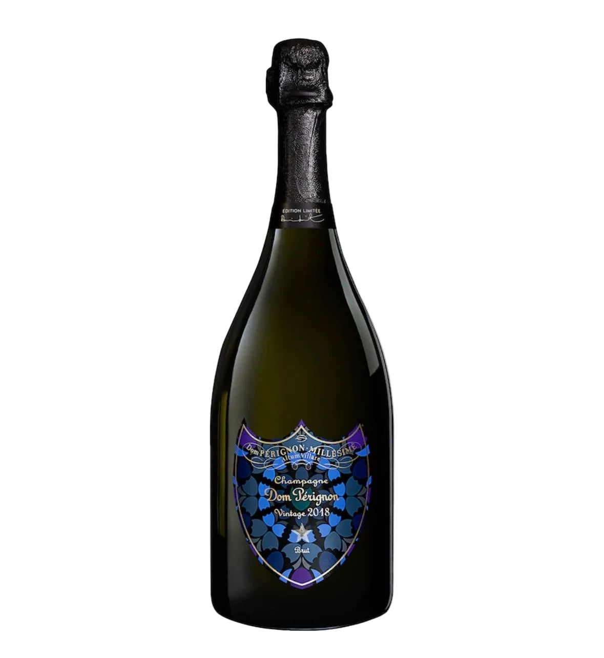 A bottle of Dom Perignon Vintage 2018 Champagne with a decorative stained-glass style label in blue, purple, and white, set against a plain white background.