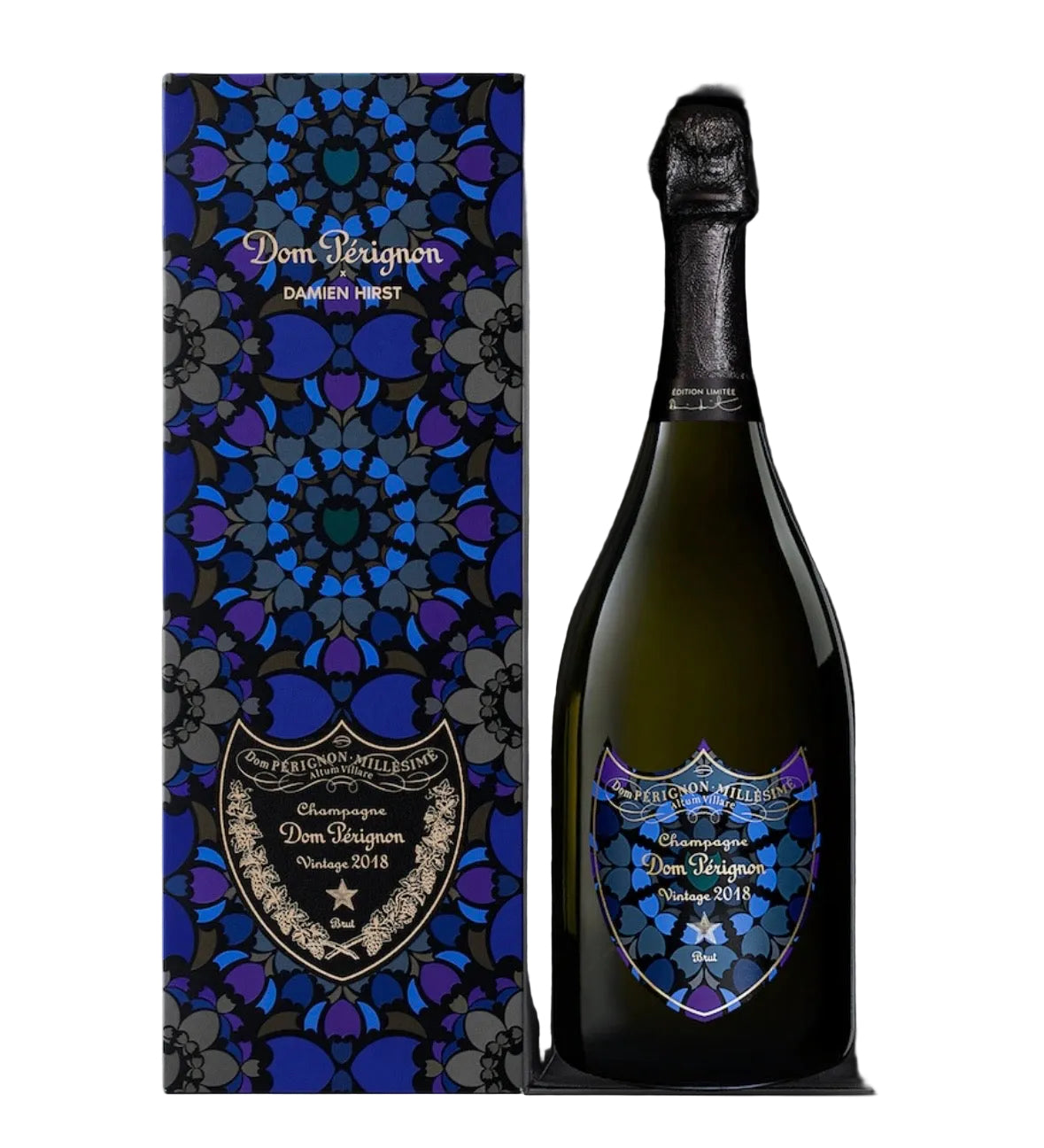 Dom Perignon x Damien Hirst champagne vintage 2018 bottle presented in a blue and purple gift box next to its decorative blue and purple patterned box.