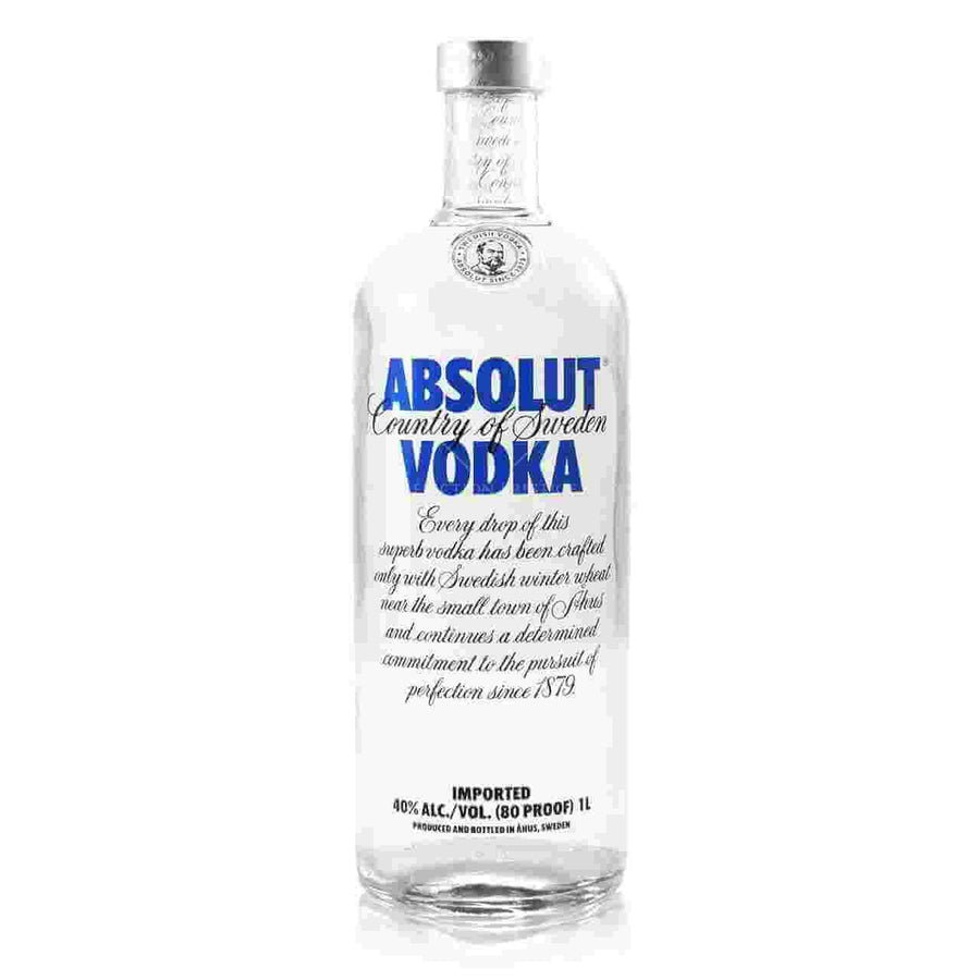 Absolut Vodka 1L bottle with blue text and logo, Swedish vodka available for delivery in London and UK.