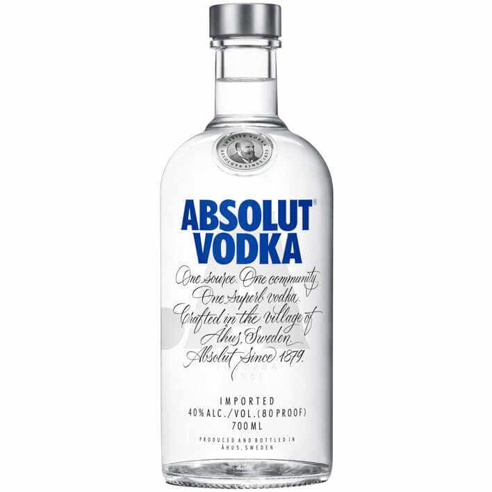 Absolut Vodka 70cl bottle with blue branding, showcasing Swedish premium vodka crafted in Åhus.