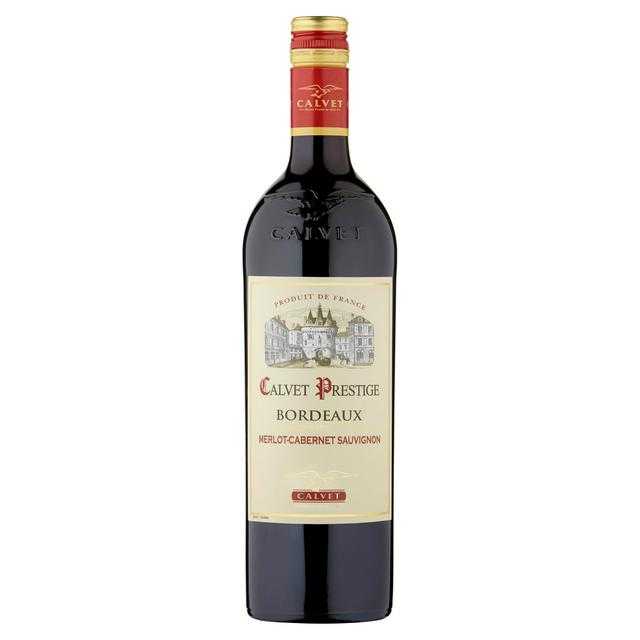 Calvet Prestige de Calvet Bordeaux red wine bottle with label displaying Merlot, Cabernet Sauvignon, and Bordeaux region.