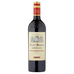 Calvet Prestige de Calvet Bordeaux red wine bottle with label displaying Merlot, Cabernet Sauvignon, and Bordeaux region.