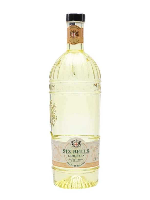 City of London Six Bells Lemon Gin bottle with clear citrus hue and detailed label design.