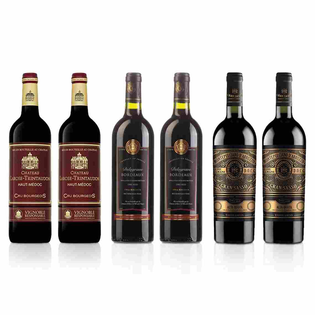 Limited edition Grand Reserva pre-mixed case of French and Italian wines, featuring Cabernet Sauvignon, Merlot, and Montepulciano d'Abruzzo.