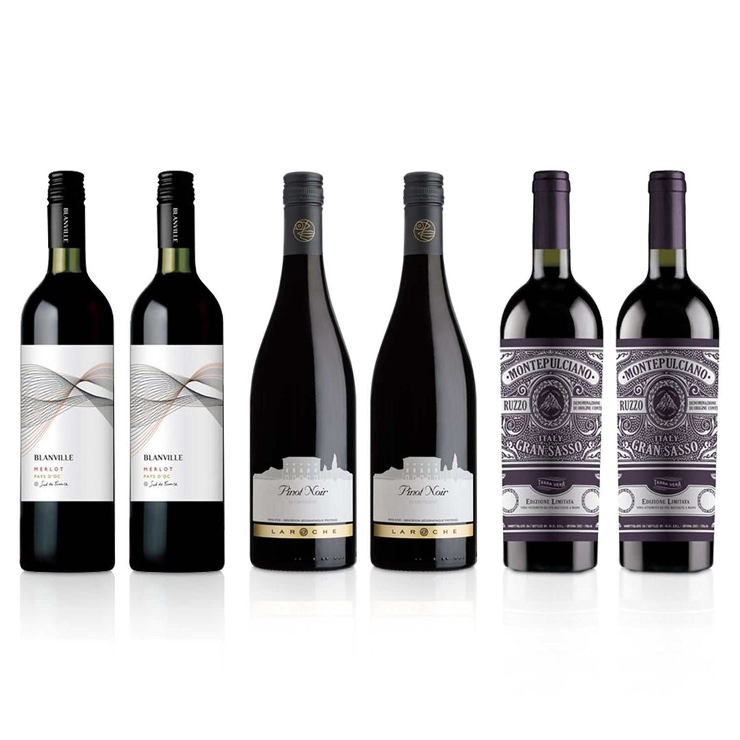 Rich Red Pre-Mixed Case: Selection of Merlot, Pinot Noir, Montepulciano D'Abruzzo wine bottles.