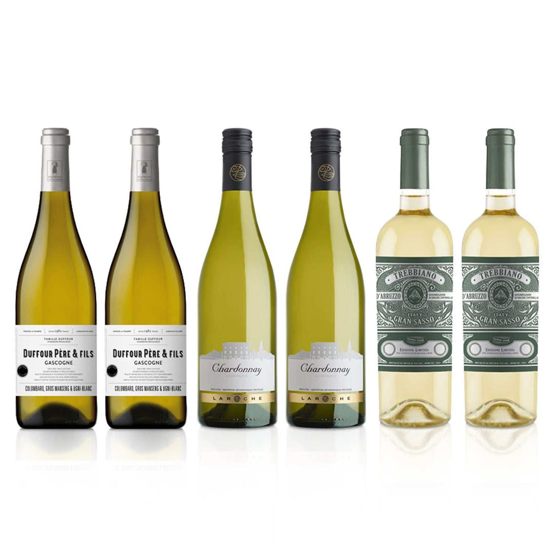 Mix of French Chardonnay and Italian Trebbiano wine bottles in Seafood Pre-Mixed Case.