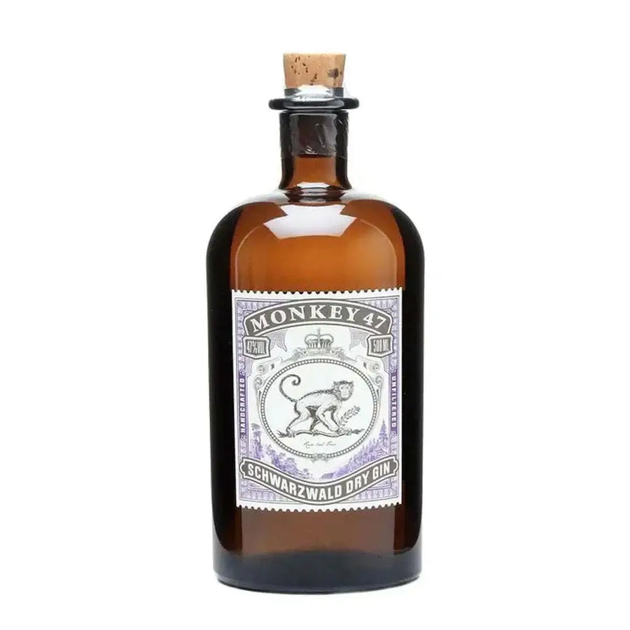 Monkey 47 Gin bottle from Black Forest, Germany, featuring unique botanicals.