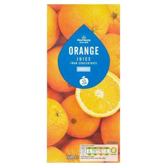 1L carton of orange juice from concentrate with smooth texture and vitamin C boost.