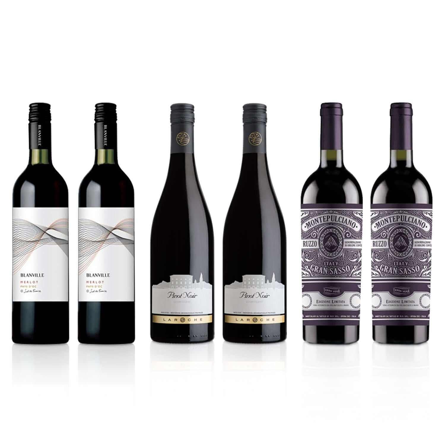 Rich Red Pre-Mixed Case: Selection of Merlot, Pinot Noir, Montepulciano D'Abruzzo wine bottles.