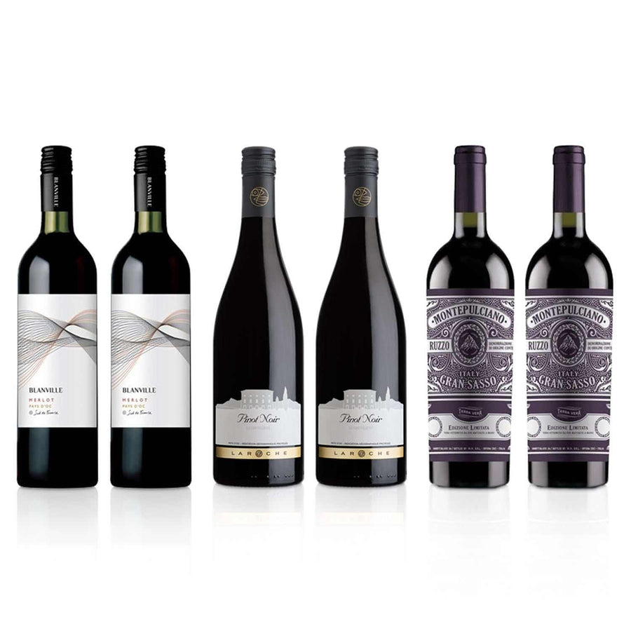 Rich Red Pre-Mixed Case: Selection of Merlot, Pinot Noir, Montepulciano D'Abruzzo wine bottles.