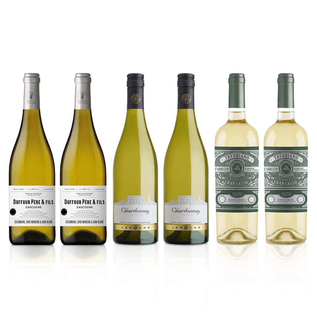 Mix of French Chardonnay and Italian Trebbiano wine bottles in Seafood Pre-Mixed Case.