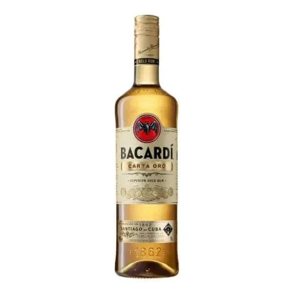 Bacardi Carta Oro Gold Rum 70cl bottle with gold label, smooth amber liquid.