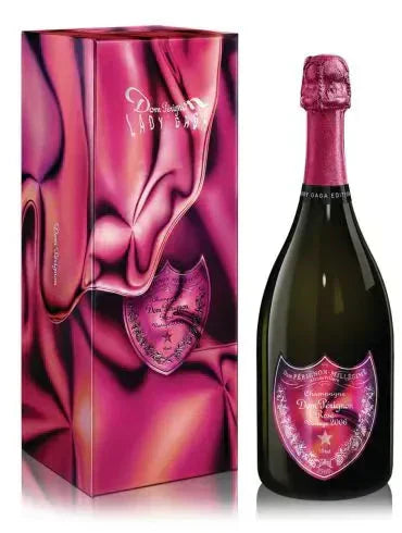 Dom Pérignon Lady Gaga 2006 Rosé Vintage Champagne with vibrant pink gift box.