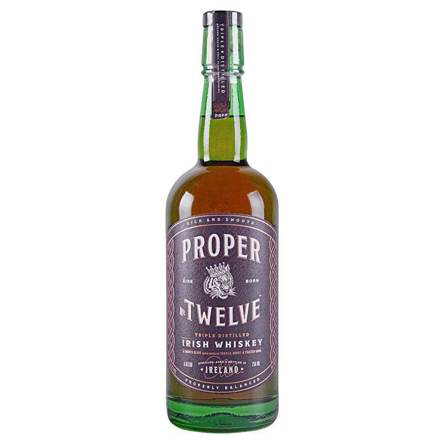 Proper Twelve Irish Whiskey bottle, triple distilled and smooth.