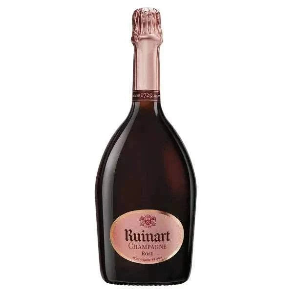 Ruinart Rose Champagne 75cl bottle with pink label, elegant design.
