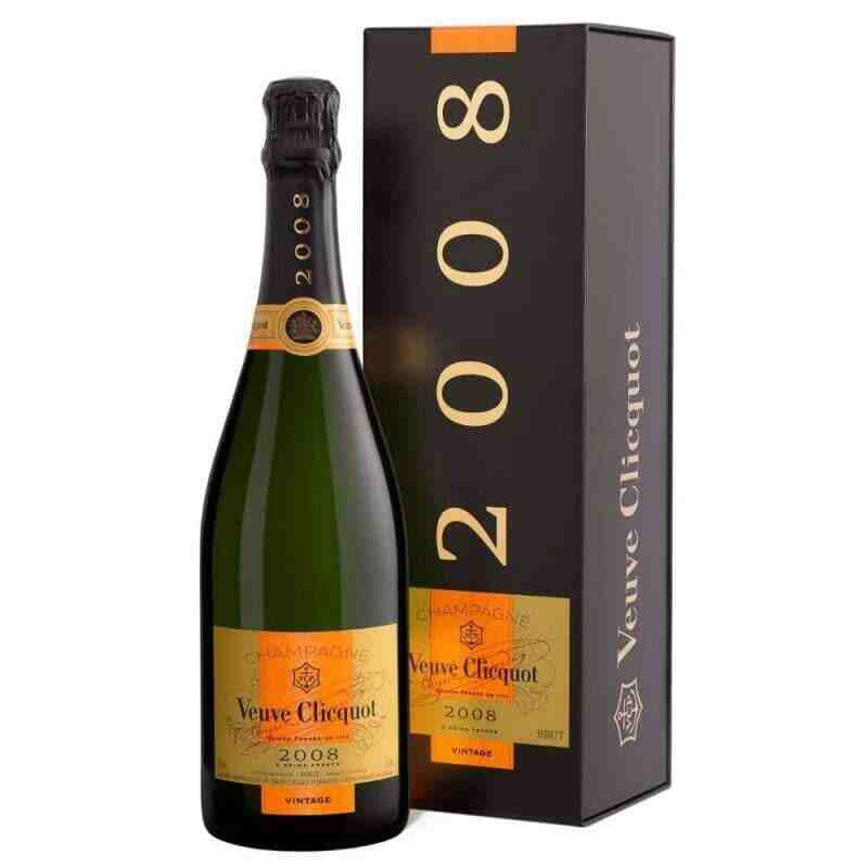 Veuve Clicquot Vintage 2008 Champagne bottle and box with elegant design.